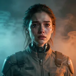 ( ( symmetry ) ) closeup portrait of a stunning cyborg girl crying in tears, jumpsuit with shoulder pads, strong cinematic light, teal orange, viscous volumetric smoke, mist, by gerald brom, by mikhail vrubel, by peter elson, muted colors, extreme detail, trending on artstation, 8 k