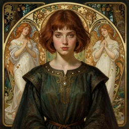 symmetry portrait of welsh brunette witch student in mans tunic, tomboy, short hair, forest, intricate, elegant, highly detailed, digital painting, artstation, concept art, smooth, sharp focus, illustration, art by artgerm and greg rutkowski and fra angelico and alphons mucha