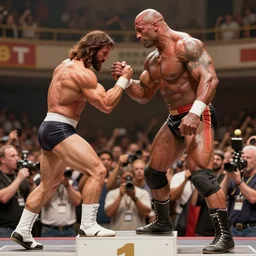 jesus christ of nazareth arm wrestling with dwayne the rock johnson on a podium, detailed photo, detailed shading, crowd surrounding them, warm lighting, 8 k, octane beautifully detailed render, cinematic lighting, masterpiece, dslr,