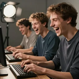 several guys typing prompts on keyboards and laughing really hard, wide open mouth, studio light, photorealistic