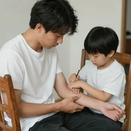 a kid healing a mans wound, the man is sitting on a wooden chair