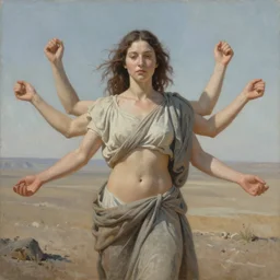 painting of a woman with four arms, hyper realistic in a desolate landscape
