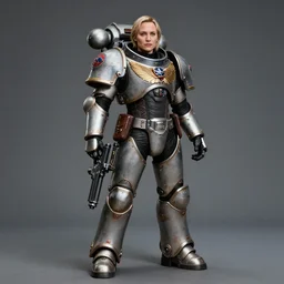 full - body portrait of alicia vikander as the empress of space marines from warhammer with full body space armor, including boots, and a warhammer space gun, ultrarealistic, photorealistic, intricate detail, photograph by anne leibovitz