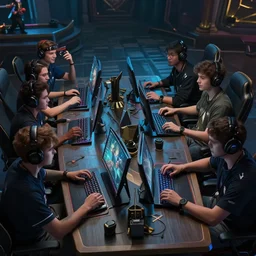group of friends playing league of legends and absolutely crushing it, highly detailed, 4 k, cool artwork