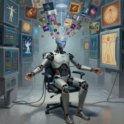 a hyperrealistic painting of a human cyborg sitting in a chair with limbs stretched out, tied with electrical cables connected to infinite supercomputers, flood of images flowing from his head, tesseract, vitruvian man, 3 d render, octane, trending on artstation, concept art, insane details, zoomed out