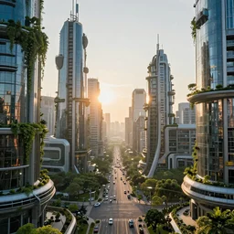 Sunrise over solar punk city, many trees and plants, busy streets, sun rays, vines, vertical gardens, utopia, beautiful glass and steel architecture, extreme detail, futuristic