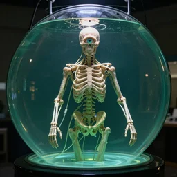 a human without skin floating in a circular glass tank, nerves caress the bones of the being, one eye, suspended, green liquid, attached to tubes and cables, hyper real, canon 5 d, sigma, 5 0 mm
