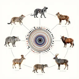 a spiritual clean diagram aboriginal about selk ´ nam and the animals, muy definido, with lines interconnecting situations, clean design,, by norman rockwell, lisa frank, award winning photo, iridescence, octane render, 2 4 0 0 dpi