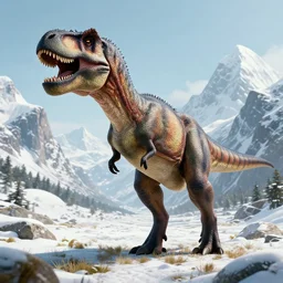 tyrannosaurus rex large theropod dinosaur standing inside a valley, snowy peaks, in the style of ansel adams, black and white, old, master photography