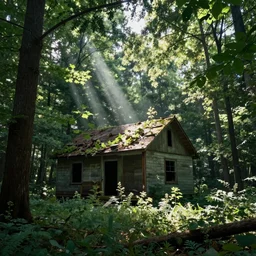 a deserted abandoned cabin in the woods, nature reclaiming the cabin, lush forest, godrays, volumetic lighting, global illumination
