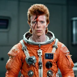 film still of David Bowie as David Bowman, his space suit is orange in 2001 a space odyssey, 4k