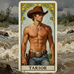 a dramatic, epic, ethereal tarot painting of a handsome!! brown shirtless cowboy (((with a cowboy hat))) | background is a torrential flooding river | tarot card, art deco, art nouveau | by Mark Maggiori | trending on artstation
