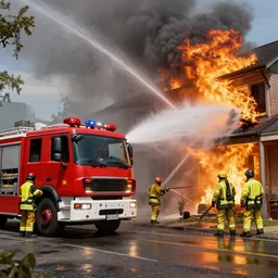a fire truck spraying water on a house fire, hyper realistic, extremely detailed, raytracing, art by artgerm, greg rutkowski and alphonse mucha, artstation, octane render