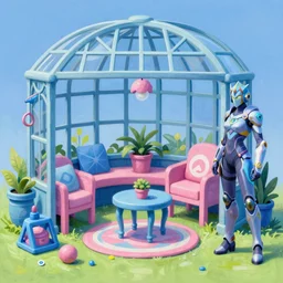 game asset of the sims greenhouse furniture and decor, in gouache detailed paintings, props, stylized, 2 d sprites, kitbash, arcane, overwatch, blue and pink color scheme, 8 k, close up