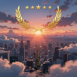 birdseye view of a colorful sunrise over city surrounded by clouds, art by yoshitaka amano and alena aenami, cg society, cityscape