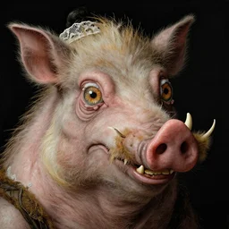 close up portrait of a mutant monster creature with crooked boar - like teeth, flower iris eyes, ingrown nose, spidery mustache, lace and manbun. jan van eyck
