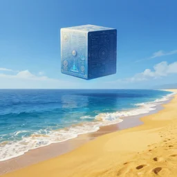 beautiful matte painting of golden shores of a blue dreamy ocean, scientific codex cube floating above the ocean, sci - fi, daylight, blue sky, cinematic lighting, cinematic perspective, syd mead, john harris, federico pelat
