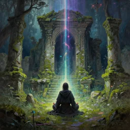 a wanderer wearing robes sits in meditation at an ancient shrine. mossy decrepit ruins in a forgotten land. magical leylines emit streaks of various colors of mana streams. a final fantasy concept splash oil painting of a rogue mage absorbing powers from the dungeon depths in an enchanted garden. by rebecca guay, by greg rutkowski