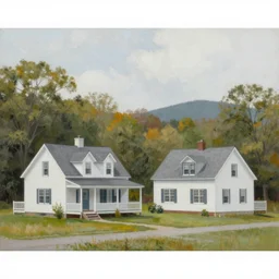 a realistic painting of symply durhams cottages, catskills, us.