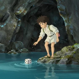 an explorer exploring a large cave, water, by Dice Tsutsumi, Makoto Shinkai, Studio Ghibli