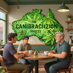the cannabis legalization process in australia 2 0 2 2, started with customers demanding it in their local cafes, by ernst fuchs colored and remastered in 3 d by pixar