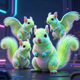 neon fluorescent, iridescent cute southern flying squirrels cyperpunk 2 0 7 7, unreal engine 5, 8 k ultra realistic, hyperdetailed, volumetric lighting, extremely high quality