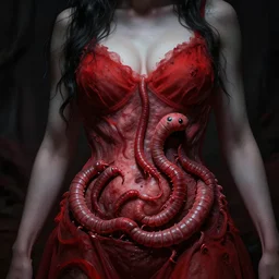 worms coming out of a gorgeous woman's stomach, lovecraftian horror, red and black color palette