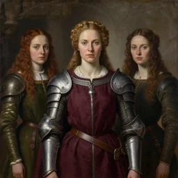 portrait of medieval swedish woman wearing maroon tunic over power armor. intricate painting by ross tran, magali villeneuve, and jeremy mann.