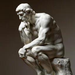 the sculpture of Thinker, side view, by Rodin, very details with strong lighting