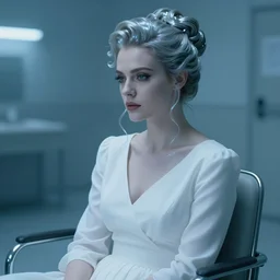 cinestill 5 0 d portrait of a beautiful dreamy woman by annie liebovitz, sitting on a chair of a dystopian mental hosptital, pale blue tonal glossy, hair intricate style, wearing white dress, elegant, highly detailed, soft foggy blur, artstation, sharp focus, head in focus,