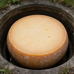 cryptid photo of a cheese wheel in a sewer