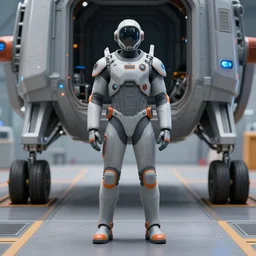 man in the sci - fi suit standing far from viewer, spaceport, landing gear, gray colour 7 0 %, orange colour 1 0 %, blue glowing point lights 2 0 %, avatar, cinematic keyframe. by fausto de martini, wadim kashin. ultra realistic, cinematic light, ue 5, featured on artstation, sharp focus, ray tracing, artstationhq, cgsociety, cinematic 8 k