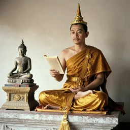 historical photo of king ramkhamhaeng having a face of gentlemen and royalty in the sukhothai period. built in a sitting position hanging his feet on the altar of manang silabat. his right hand holds a scripture. his left hand is in the position of teaching the people. the left altar has a pedestal to place the buddha image next to it. 1 3 0 0