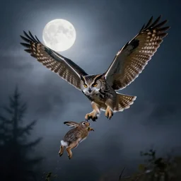 huge owl with outstretched wings flapping flying at night through fog talons reaching for prey rabbit killing in the forest lit by the full moon fog moving through feathers