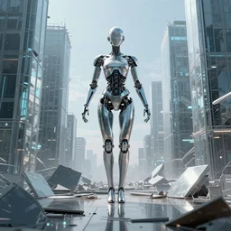 3d, dreaming of a beautiful centered cyborg ai in front of ruined glass buildings, intricate details, cyber universe style, volumetric light, reflections, octane render