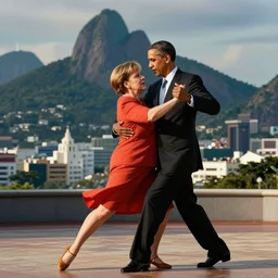 “Angela Merkel and Barack Obama dancing samba in Rio de Janeiro, digital art”