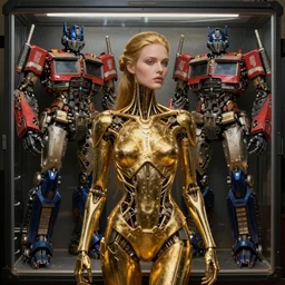 beauty woman wrapped in Gold, Terminator artifacts, electrical case display, Transformers tech, ultrarealistic, dramatic lighting, electrical details, high details, 4k, 8k, best, accurate, trending on artstation, artstation, photorealism, ultrarealistic, digital painting, style of Peter Mohrbacher, Caravaggio, Hajime Sorayama, Caravaggio, Boris Vallejo