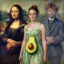 an oil painting of emma watson wearing an avocado themed dress, by da vinci and claude monet, oil painting, trending on artstation, 3 5 mm