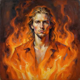 abstract painting of man made of flames, handsome. Stubble. by craig mullins, featured on artstation. Portrait. Soviet era pose. Stoic. Orange. Pain. Long hair