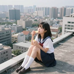 realistic detail, girl sitting on a rooftop, cute kawaii girl, wearing skirt and high socks, having a snack, looking up, magic eyes, digital art, concept art, best of 2023 on artstation style, simulation, structure, fine, wide angle, natural light, volumetric, behind is a large scale city