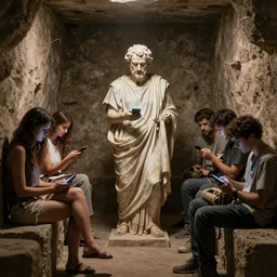 Plato\'s allegory of the cave but with people staring at their phones