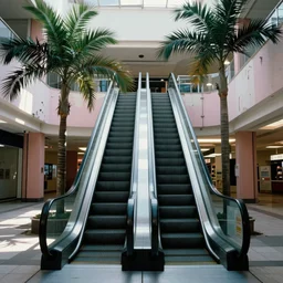 1980s magazine photo of an escalator in an abandoned mall, with interior potted palm trees, and decaying pink walls, dappled sunlight, cool lighting