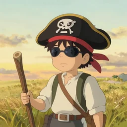 A kid putting an eyepatch and a pirate's head scarf on his head, holding a wooden stick at golden hour in a plain grass field, by Makoto Shinkai and thomas kinkade, digital painting, Matte painting, trending on artstation and unreal engine, in the style of Calvin and Hobbes