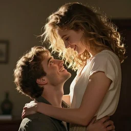 a short man smiling up at the tall woman that he loves, dynamic lighting