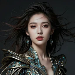 one beautiful young woman's face, magical, windblown, intricate, synth-wave, retrowave,  highly-detailed, elegant, dramatic lighting, gorgeous face, lifelike, photorealistic face, long luxurious intricate gown, digital painting, artstation,  illustration, concept art, smooth, sharp focus, art by Craig Russel, Barry Smith, artgerm, and Albert Aublet and Krenz Cushart and Artem Demura and Alphonse Mucha