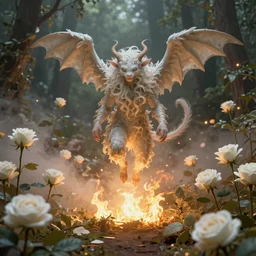Surreal Cernunos Floating in the air, in the middle of a garden of white roses in flames, Cinematic lighting, insanely detailed, mist, trending on artstation, golden ratio, ultra super good 3D render by Pete Morbacher