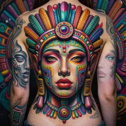 hyper detailed masterpiece beautiful aztec face tattoo girl by donato giancola and tom bagshaw, face by artgerm and edmund leighton, and h. r. giger, trending on artstation, warpaint aesthetic, colorful, psychedelic, ornate, background by james jean, 8 k, biomechanical, majestic, volumetric lighting, smooth porcelain skin, concept art, sharp focus