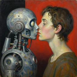 Oil painting by Roberto Matta. Strange mechanical beings kissing. Portrait by Takashi Murakami. Yves Tanguy.