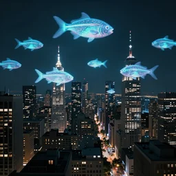 Wide angle shot of a city with holographic fishes floating in the sky by Petros Afshar and Beeple, James Gilleard, Mark Ryden, Wolfgang Lettl highly detailed, Dark cineamtic and atmospheric lighting