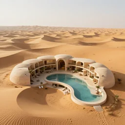 biophilic conceptual hotel in the desert, high detaild, realistic, golden ratio